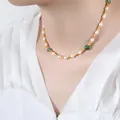 Elegante collana di perle naturali con perline dorate e pietre verdi per donna - Collana Oro-38+7cm
