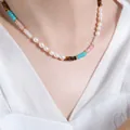 Collier fait main avec perles d'œil de tigre et perles d'eau douce sur soie blanche - Collier en Or - 40+5cm