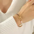 Infinity gold bracelet with triple white pearls and shimmering pave stones inlay - 17+3cm