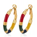 Close-up of colorful enamel bamboo-style stainless steel hoop earrings in vibrant segments - Multicolor