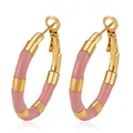Detailed view of gold-tone stainless steel bamboo hoop earrings with pink enamel segments. - Light Pink