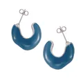 Modern C-shaped dark blue enamel earrings with silver-tone metal edges and 18k gold plating - Blue Enamel Steel Tone C-Shape Earrings (F915)