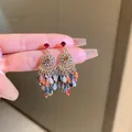 Ornate gold-toned tassel earrings featuring colorful teardrop beads and zircon crystals. - 38# Gorgeous Cascading Multicolor Teardrop Tassel Style