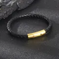 Klassieke gevlochten zwarte lederen armband voor heren met gouden roestvrijstalen sluiting - 21cm / Goud