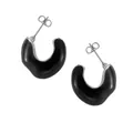 Minimalist black enamel C-shaped hoop earrings with silver trim and butterfly backings - Black Enamel Steel Tone C-Shape Earrings (F915 Black Enamel Steel Tone Stud Earrings)