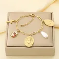 Bracelet religieux français vintage en acier inoxydable plaqué or avec multiples breloques - Style Pendentif Perle et Icône (KB211312-SXSJ)