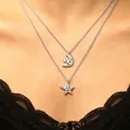Elegante collana a strati argentata con pendenti luna e stella sorridenti e zirconi. - Star Moon Necklace Set (06 White K) / 2 Pezzi/Set / Argento