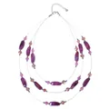 Three-layer bohemian beaded necklace featuring purple marble and pink crystal beads - Amethyst Style / Purple