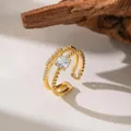 Close-up of elegant gold plated double layer open ring featuring a square zircon stone detail - Double Layer Single Diamond Bowknot (F1121) / Gold