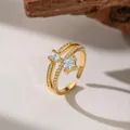 Detailed close-up of a gold-plated adjustable open ring with pear and square cut zircons - Double Layer Teardrop Rhombus (F1122)