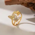 Macro view of elegant micro-set zircon butterfly ring with white pearlescent inlay detail - Three Butterflies (F1132)