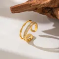 Detail of gold double-layer open ring with baguette-cut zircon and bamboo texture. - Double Layer Rhinestone Bamboo (F1249)