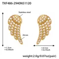 Golden stainless steel angel wing earrings set with 5A zircons and detailed feathers - Gold Earrings