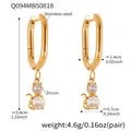 Detail of 18k gold plated cat earrings with zircon stones and stainless steel hoops - Cat Motif (Q094)