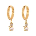 Gold cat ear buckle earrings with hammered texture and cubic zirconia pendant - Hammered Texture Cat Motif (Q097)