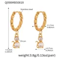 Golden stainless steel cat earrings with zircon stones and twisted metal texture hoops - Twisted Texture Cat Motif (Q098)
