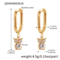 Golden stainless steel cat owl earrings with white zircon accents and size dimensions - Owl Motif (Q099)