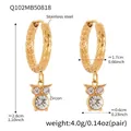 Golden stainless steel hoop earrings featuring zircon-encrusted owl charms and hammered texture - Hammered Texture Owl Motif (Q102)