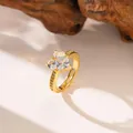 Elegant gold plated adjustable open ring featuring micro-pave square and heart shaped zircons - Large Heart Zirconia (F1162)