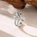Elegant silver open ring featuring a shell butterfly and micro-pave zircon accents - Double Layer Butterfly (F1258)