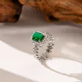 Exquisite silver ring featuring a square emerald-green zirconia and micro-pave halo - Emerald Green Zirconia (F1262)