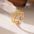 Double-layered gold finish open ring with sparkling zircon bowknot and a central square stone. - Double Layer Bowknot (F1269)