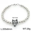 Silver stainless steel 6mm beaded bracelet featuring a central wolf head charm - Wolf Head (KB210153-Z)