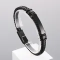 Stylish men's braided black leather bracelet with a matte black stainless steel ID plate - 21cm / Black Color (KB166753-KLHQ)