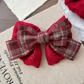Detail of multi-layer red lace and plaid bow hairpin with vintage eyelet embroidery - Checkered Bow Style