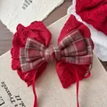 Detail of red lace bow hair clip with tartan fabric and long satin ribbons - Streamer Plaid Bowknot Style