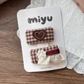 Barrettes à cheveux à carreaux marron pour filles avec motif cœur et fleurs au crochet - Cœur en Dentelle