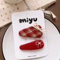 Sweet red plaid hair clips set with bow design and cozy fabric texture for girls - Triangle Plaid Clip