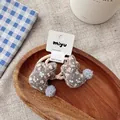 Floral fabric bunny hair ties with grey pom pom detail on white display card - Gray Rabbit Hair Tie