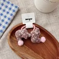 Floral print animal fabric hair ties set for girls with pink fluffy pom pom detail - Pink Rabbit Hair Rope