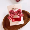 Ensemble pince à cheveux nœud en tweed rouge et velours floral sur carte - Groupe Fleur Nœud