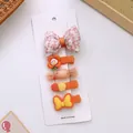 Set of 5 cute orange floral and bow hair clips for girls on display card - Orange Bow Style