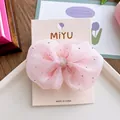 Pink seersucker bow hair clip with silver rhinestones on a display card - Hair Clip Style