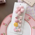 5-piece set of pink handmade hair clips for girls with floral and strawberry designs - Pink Plaid Flower Style