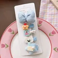 Set of 5 colorful cute bow hair clips for girls including blue plaid and teddy bear themes - Blue Plaid Bow Style