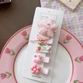 5-piece set of pink and white fabric hair clips with star, rabbit and strawberry designs - Pink Double Star Style