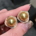 Elegant golden pearl stud earrings with sparkling crystal halo for a luxury look. - 37# Silver Needle - Gold