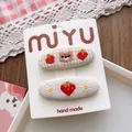 Detail of sweet floral and strawberry hand embroidery on fabric baby hair clips - 2-Strawberry Bear BB Clip Style
