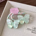 Détail d'un élastique papillon vert translucide avec imprimé fleuri et cordon multicolore - Vert clair