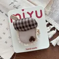 Detail of cute mushroom plaid hair clip with milk tea design and lace edges for girls - Milk Tea Cup