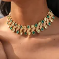 Close-up of vintage resin choker necklace with green oval stones and rhinestones - Chain Only / Green