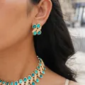 Detail view of vintage turquoise resin and rhinestone necklace and earring jewelry set - Earrings Only (Earring Post Style) / Blue