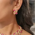 Detailed view of vintage palace style resin earrings and necklace worn by a model - Earrings Only (Earring Post Style) / Pink
