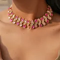 Close-up detail of vintage palatial style gold necklace with pink resin and rhinestones. - Chain Only / Pink