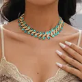 Vintage gold-tone necklace with turquoise resin stones and sparkling pave rhinestones - Chain Only / Blue