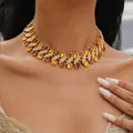 Luxurious vintage gold-tone necklace featuring amber resin oval stones and rhinestones - Chain Only / Coffee